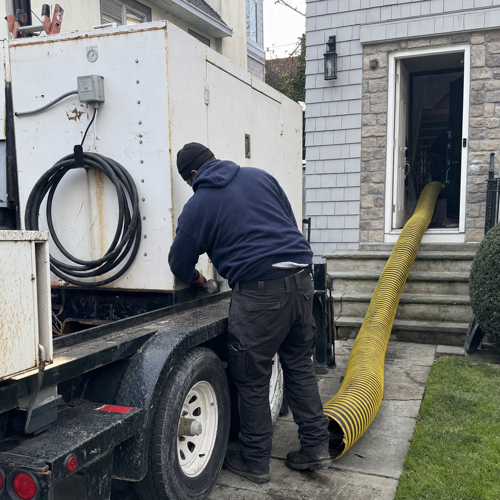 Professional technician performing residential air duct cleaning with industrial vacuum equipment